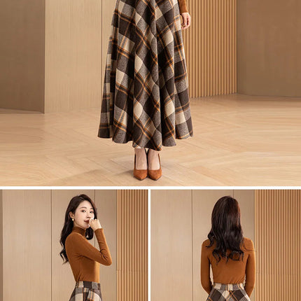 New Women Woolen Plaid Skirt Autumn Winter Fashion Elastic High Waist A-Line Wool Blended Long Skirt Simplicity Vintage Skirt PlatiNum