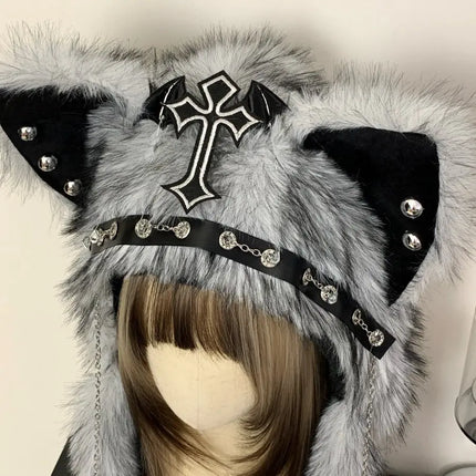 Dark Series Gothic Plush Hat Y2K Cross Metal Style Headwear Cosplay Cat Ear Hat Halloween Punk Rock Warm Cap for Women Men Child