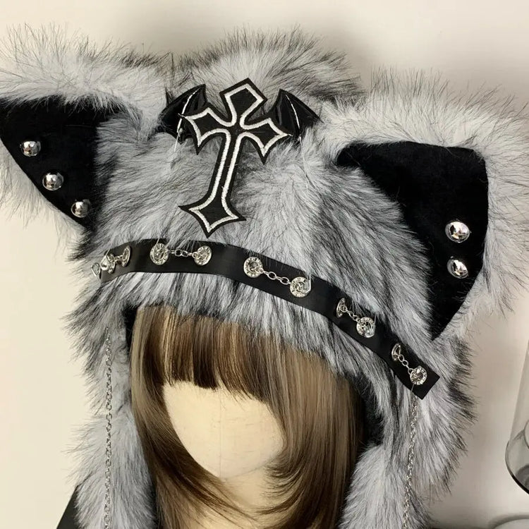 Dark Series Gothic Plush Hat Y2K Cross Metal Style Headwear Cosplay Cat Ear Hat Halloween Punk Rock Warm Cap for Women Men Child