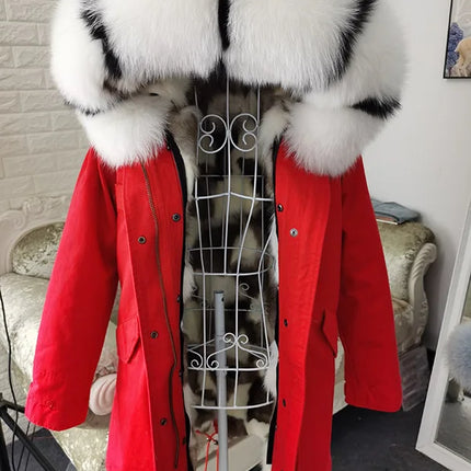 Winter Long Jacket Real Fur Coat Women Clothes Large Silver Fox Fur Collar Detachable Natural Fox Lining Parkas Leather Fur
