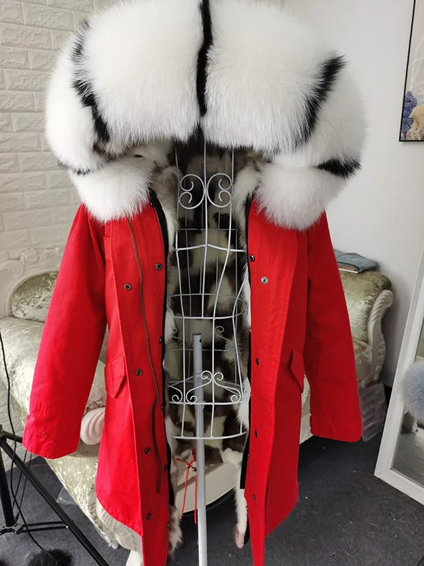 Winter Long Jacket Real Fur Coat Women Clothes Large Silver Fox Fur Collar Detachable Natural Fox Lining Parkas Leather Fur