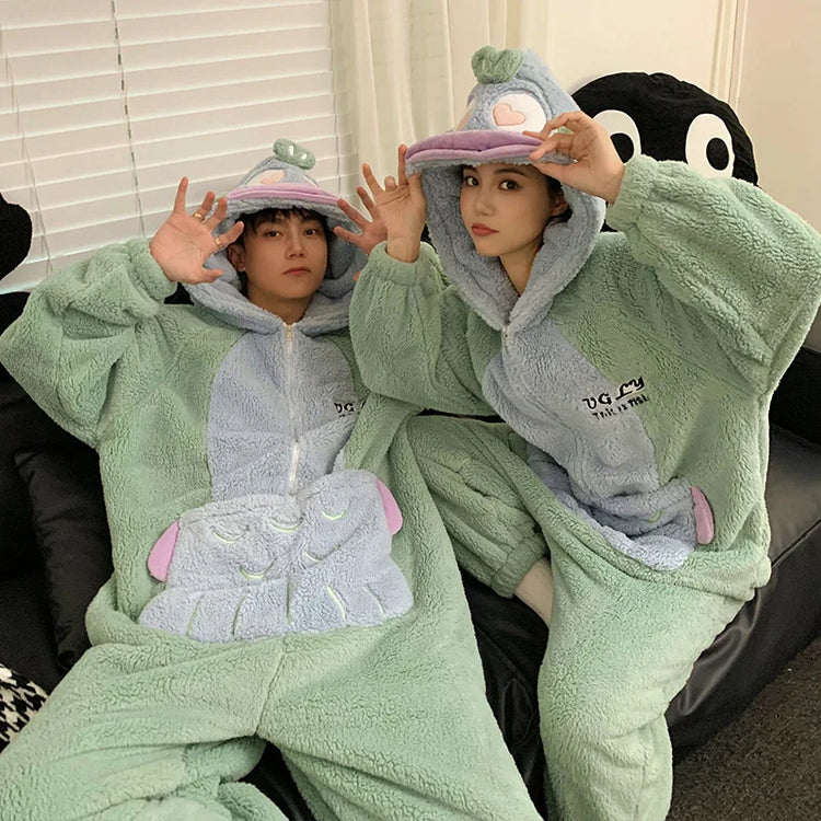 Winter Animal Onesies for Adults Homewear Flannel Sleepwear Couples Jumpsuit Winter Coral Velvet Pajamas Women Mens Loungewear