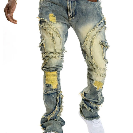 2025 New European and American men's casual jeans, street punk fashion, retro, ripped hole, slightly flared tassel elastic jeans PlatiNum