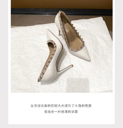 Women's High Heels Black Genuine Leather Rivet Pointed toe pumps luxury designer high quality Shoes Elegant woman heeled shoes
