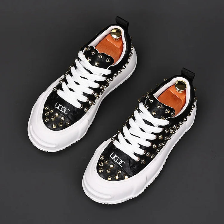 Luxury Designer Men's Punk Rivet Thick Bottom Lace Up Shoes Causal Flats Moccasins Male Rock Hip-hop Walking Sneakers
