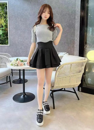 Minigonna a balze Lautaro Primavera Estate Nera Dolce Carina Kawaii a Vita Alta da Donna, Abbigliamento Cutecore Stile Giapponese Moda