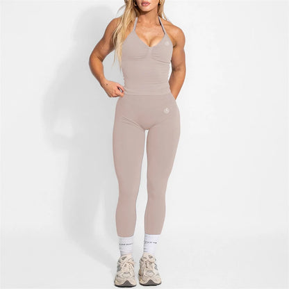 Women's Yoga Set Bum Balance Fitted Halter Tops & Shaping Pants 2pcs Yoga Sportwear Workout Gym Clothing High Waist Leggings Set