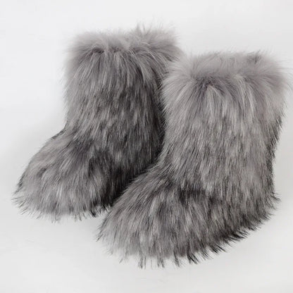 Women Faux Fur Boots Winter Fluffy Plush Warm Mid Calf Snow Boots Luxury Fashion Furry Boots Comfortable Outdoor Flat Shoes