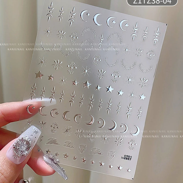 3D Bronzing Gold Moon Star Nail Art Stickers Retro Bohemia Sun Moon Star Nails Designs Self-Adhesive 3D Luxury Nail Decorations