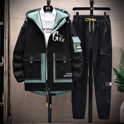 Casual Two-Piece Men's Sets 2026 Spring Autumn Loose Coats & Pant Tracksuits Outdoor Windproof Hooded Jacket And Jogger Clothing