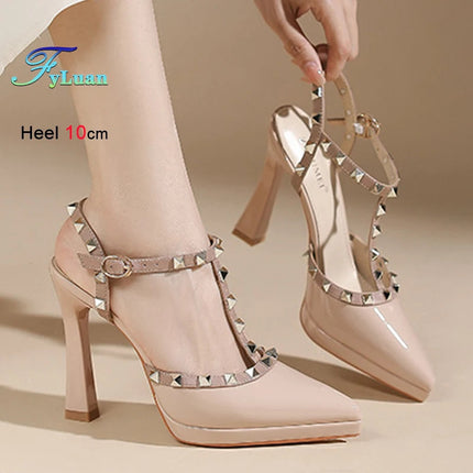 Scarpe con tacco sexy con rivetti Sandali con tacco alto da 10 cm Sandali con tacco alto da sera Sandali con tacco a spillo color nudo semplici con punta a punta platinumshop