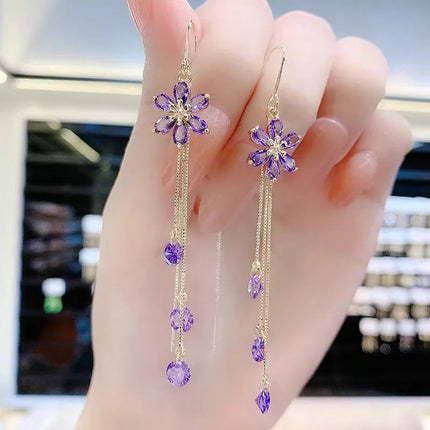 Green Shiny Zircon Flower Drop Earrings For Women Luxury Crystal Long Tassel Ear Line Hanging Earring Girls Wedding Jewelry Gift PlatiNum
