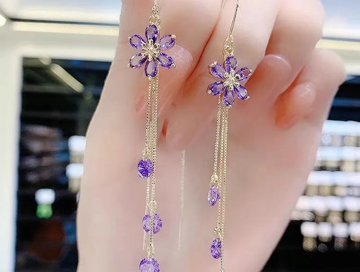 Green Shiny Zircon Flower Drop Earrings For Women Luxury Crystal Long Tassel Ear Line Hanging Earring Girls Wedding Jewelry Gift PlatiNum