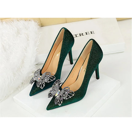 Tacchi sottili in pelle scamosciata stile europeo americano di lusso leggero ed elegante per banchetti Scarpe da donna con grandi fiocchi alla moda con tacchi altissimi