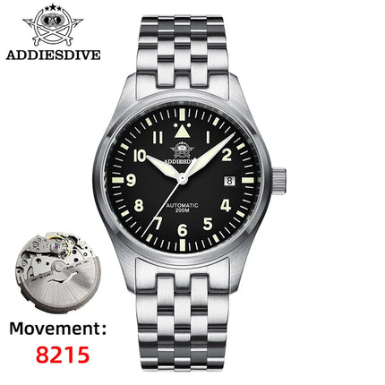 ADDIESDIVE Classic Men's watch Sapphire Automatic 8215 Stainless Steel Pilot watch Leather Luminous 200m Diving Dress Watch New
