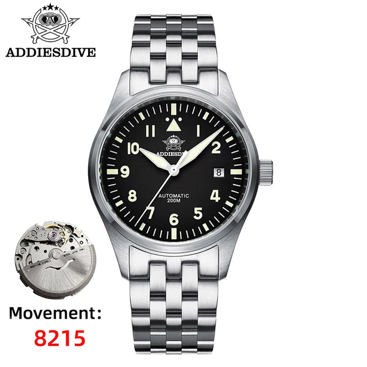 ADDIESDIVE Classic Men's watch Sapphire Automatic 8215 Stainless Steel Pilot watch Leather Luminous 200m Diving Dress Watch New