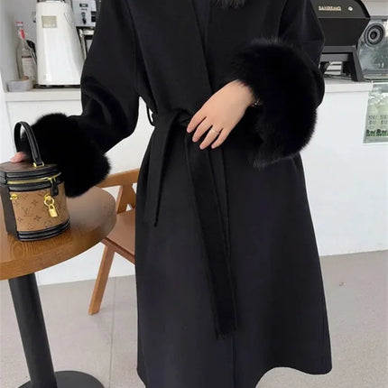 2025 New Spring Winter Warm Long Woolen Coat Women Elegant Warm Wool Blend Trench Coat With Belt Fashion Outerwear