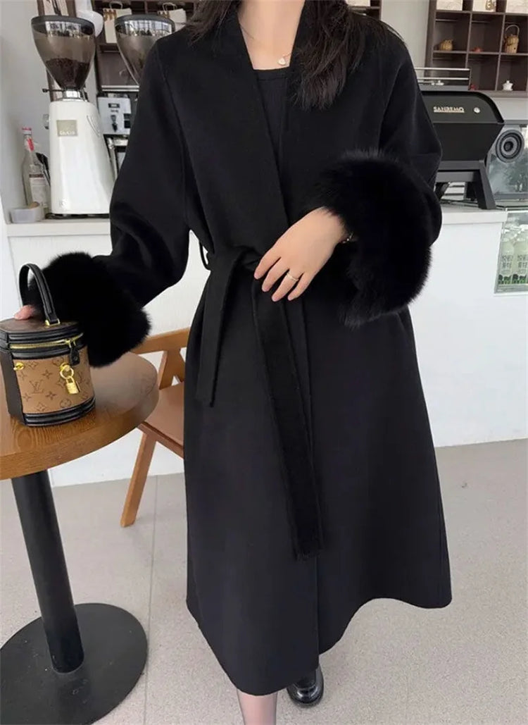 2025 New Spring Winter Warm Long Woolen Coat Women Elegant Warm Wool Blend Trench Coat With Belt Fashion Outerwear