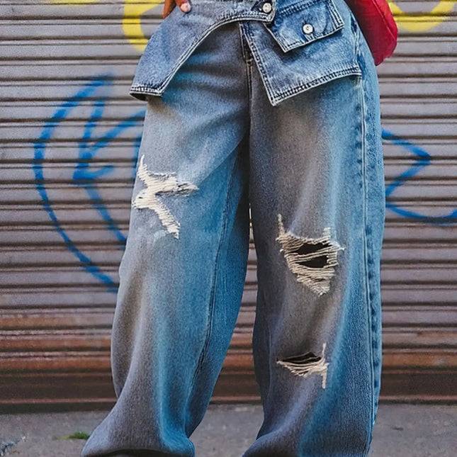 Jeans a gamba dritta da donna, lavati, a vita media, larghi, strappati, effetto vintage, streetwear, lunghezza intera
