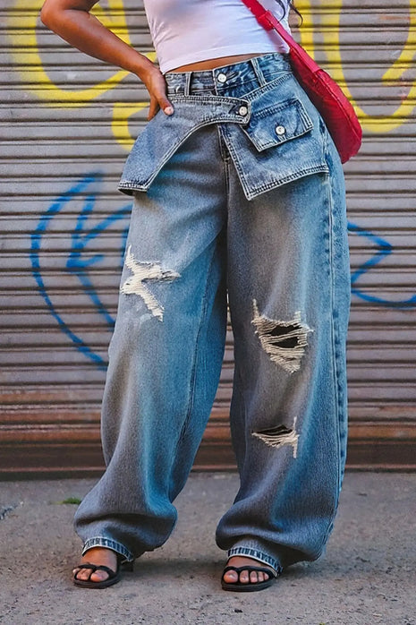 Women's Straight Leg Jeans, Washed, Mid-Rise, Loose, Ripped, Vintage Effect, Streetwear, Full Length