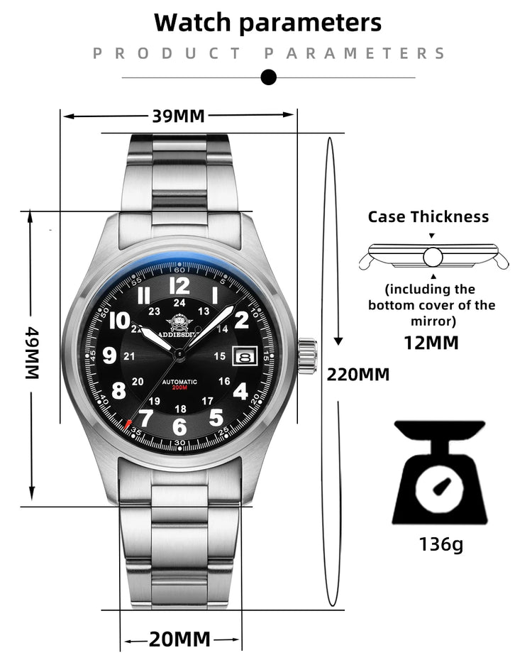 ADDIESDIVE Luxurious Men's Automatic Watch 8215 Mechanical Watches Sapphire Glass 200m Waterproof Analog Luminous Watches AD2525