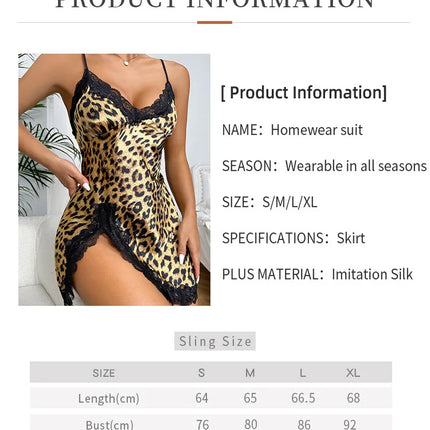 Lace Trim Leopard Nightdress V Neck Backless Side Split Slip Sleep Dress Women's Sleepwear Dresses