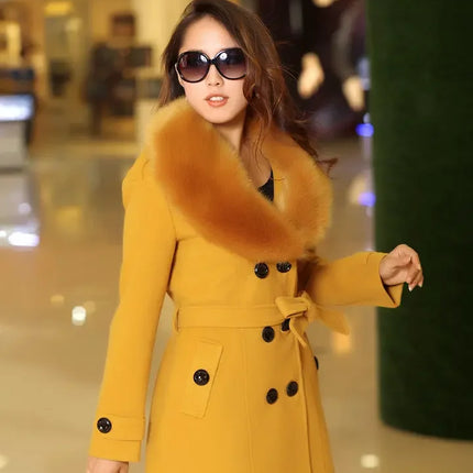 Mid Length Wool Coats Women Fur Collar Splice Blends Korean Full Sleeve Double Breasted Lace Up Belt Thick Warm Winter Jackets