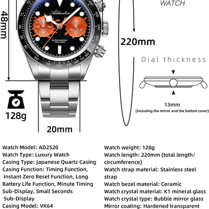 ADDIESDIVE Men Watches New VK64 Quartz Wristwatch Luxury Chronograph Luminous BGW9 Ceramic Bezel Domed Glass 100m Waterproof