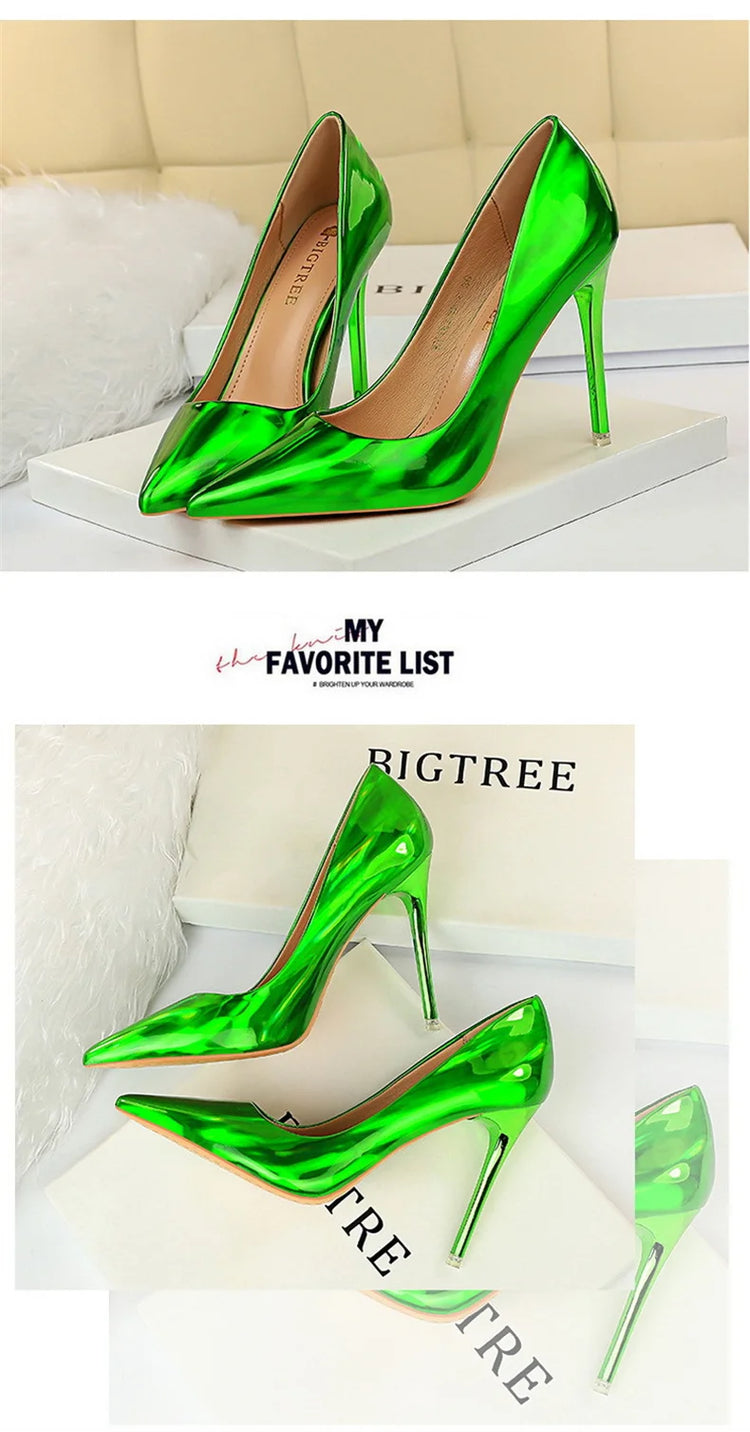 Tacchi alti da donna Blu Verde Décolleté di San Valentino Lusso lucido Stiletto Matrimonio Nuziale Discoteca Moda Semplice Colore solido 1829-2