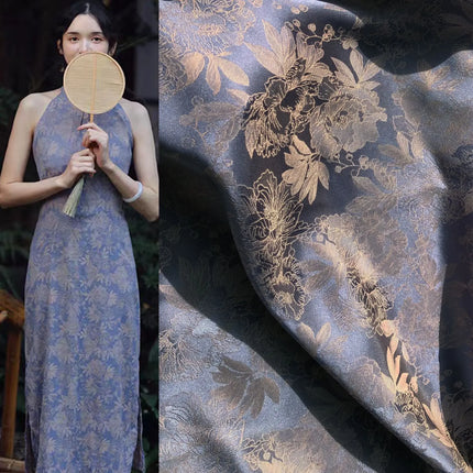 Tessuto jacquard con motivo peonia in rilievo bicolore al metro per gonne, pigiami, cucito, tessuto Hanfu stampato, delicato sulla pelle, sottile e morbido