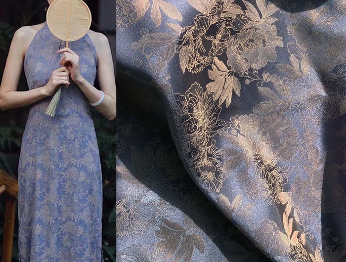 Tessuto jacquard con motivo peonia in rilievo bicolore al metro per gonne, pigiami, cucito, tessuto Hanfu stampato, delicato sulla pelle, sottile e morbido