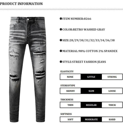 Street Designer Fashion Men Jeans Retro Gray Stretch Skinny Fit Patched Ripped Jeans Men Brand Hip Hop Y2K Denim Pants Hombre PlatiNum