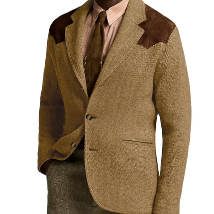 Herringbone Tweed Men's Blazer Jacket Wool Blend Suede Patch Shoulder Men's Sport Coat Business Casual Slim Fit For Oktoberfest