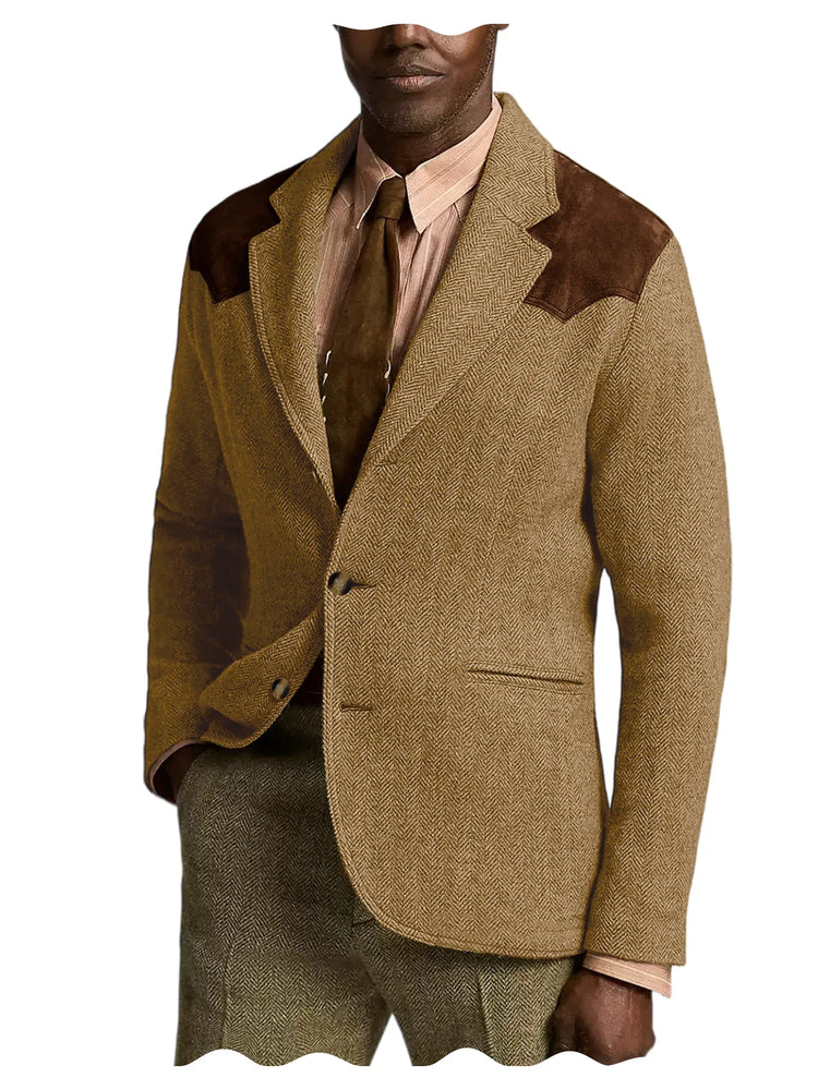Herringbone Tweed Men's Blazer Jacket Wool Blend Suede Patch Shoulder Men's Sport Coat Business Casual Slim Fit For Oktoberfest