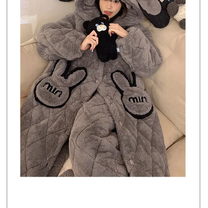 Women Winter Thickened Fleece Bathrobe Can Be Worn Outside Girls Student Hoodie Loose Pajama Two-piece Set Lady Warm Loungewear