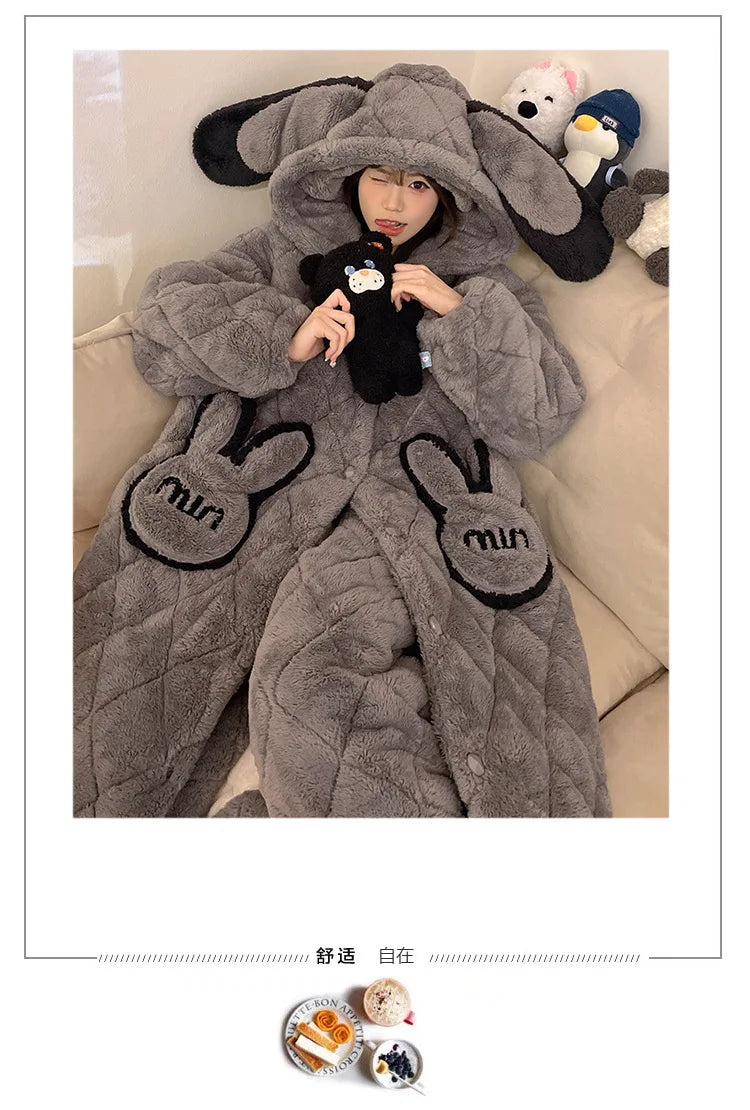 Women Winter Thickened Fleece Bathrobe Can Be Worn Outside Girls Student Hoodie Loose Pajama Two-piece Set Lady Warm Loungewear