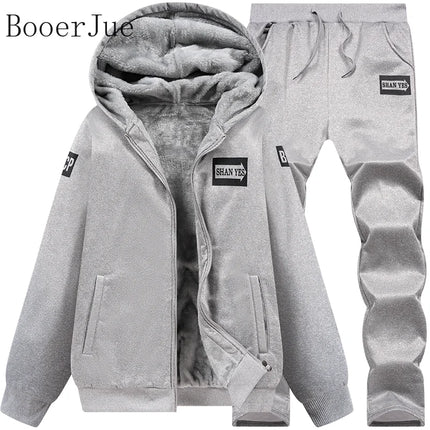 M-6XL Men's Winter 2 Piece Tracksuit Set, Thickened Warm Hooded Coat & Sweater, Outdoor Hiking Cycling Camping Running Outerwear