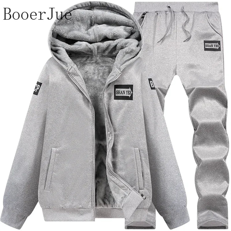 M-6XL Men's Winter 2 Piece Tracksuit Set, Thickened Warm Hooded Coat & Sweater, Outdoor Hiking Cycling Camping Running Outerwear