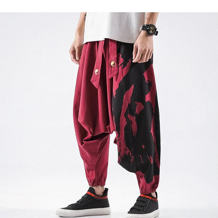 Pantaloni alla moda da uomo Samurai giapponese Ukiyo-e Cintura con stampa Pantaloni stile harem da uomo in cotone e lino Casual Oversize Harajuku Pantaloni a gamba larga da uomo