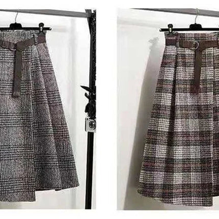 Korean Women Fashion Leisure Plaid Woolen Skirt Autumn Winter New High Waist Mid-Long Irregular Wool Skirts Femme Large Size 4XL PlatiNum