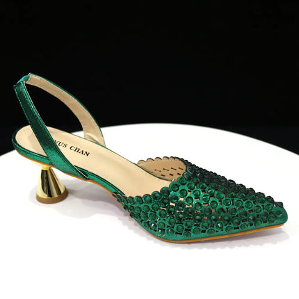 Venus Chan Pointed Toe Heels for Women 2023 Elegant Party Wine Color Full Diamond Pumps Italian Shoes and Bags Matching Set PlatiNum