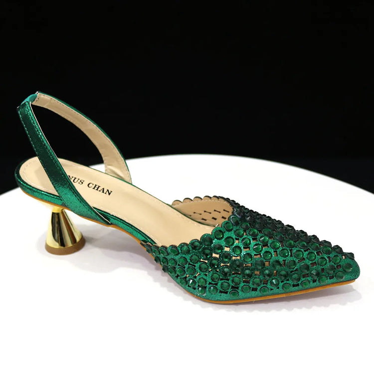 Venus Chan Pointed Toe Heels for Women 2023 Elegant Party Wine Color Full Diamond Pumps Italian Shoes and Bags Matching Set PlatiNum