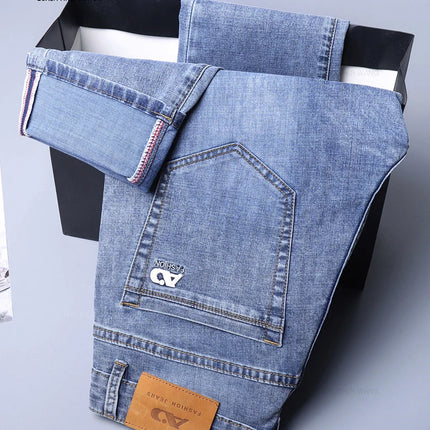 Spring Men's Light Blue Slim Jeans Stylish Casual Stretch Fabric Denim Pants Classic Trousers Smoke Gray