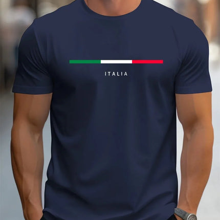 Men's Summer Short-Sleeved Sports T-Shirt with ITALY Print, Casual Loose Fashion Round Neck in Polyester Fabric