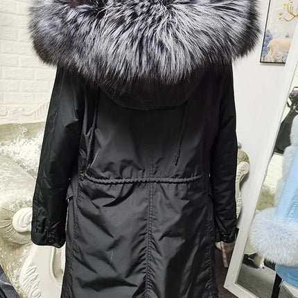 Winter Long Jacket Real Fur Coat Women Clothes Large Silver Fox Fur Collar Detachable Natural Fox Lining Parkas Leather Fur