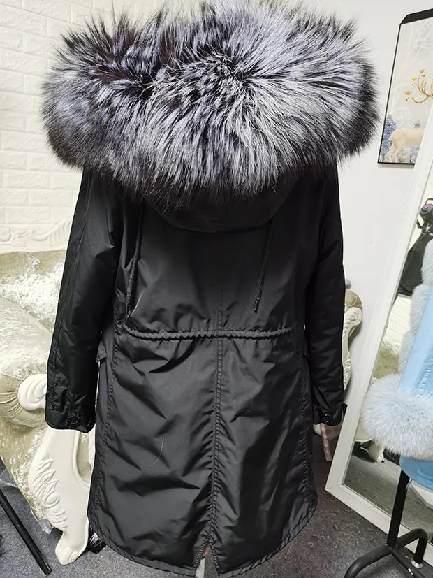 Winter Long Jacket Real Fur Coat Women Clothes Large Silver Fox Fur Collar Detachable Natural Fox Lining Parkas Leather Fur