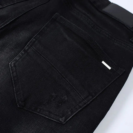 Designer street fashion men's jeans washed, elastic, slim fit, perforated, cashew flower patch, black denim high street pants, h PlatiNum