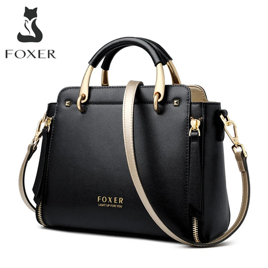 FOXER Elegant Women Top-Handle Bag 2025 Fashion Split Leather Signature Crossbody Bag Female Large Shoulder Tote Bag Purse