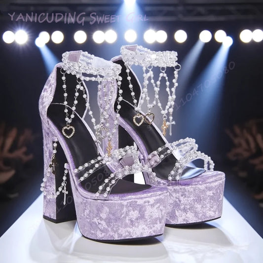 Taro Purple Suede Crystal Tassel Sandals Girls Cute Platform Open Heels Pink Round Toe Chunky Pearl String Ankle Lolita Shoes
