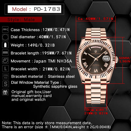 PAGANI DESIGN DD40 Orologio automatico da uomo in oro rosa di lusso Giappone NH36A Orologio da polso meccanico da uomo Orologi impermeabili in acciaio inossidabile